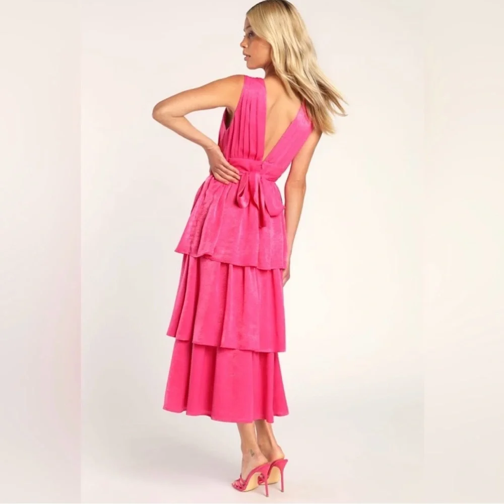 NWT Lulus Peak Party Vibe Hot Pink Satin Tiered Tie-Back Midi Dress - Picture 2 of 8